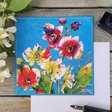 Colorful Square Bird and Flower Card. Vibrant Greetings with Meaningful Symbols. Beautiful Cards for Sending and Framing