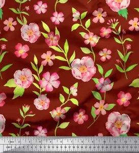 Soimoi Red Velvet Fabric Periwinkle & Peony Floral Printed Craft-3oE