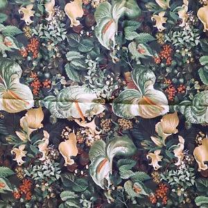 Vintage Fabric 43" X 25" Cotton Floral Lilies Green Sewing Quilting