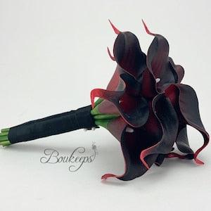 CHOOSE RIBBON COLOR - Black Burgundy Calla Lily Bouquet, Real Touch Burgundy Calla Lily Bouquet, Wedding, Burgundy Wedding, Wine Bouquet