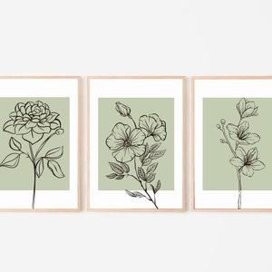 Sage Green Flower Wall Art Set Of 3, Botanical Wall Prints, Hand Drawn Plant Wall Art, Botanical Line Art Print Set, Above Bed Decor
