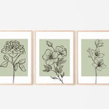 Sage Green Flower Wall Art Set Of 3, Botanical Wall Prints, Hand Drawn Plant Wall Art, Botanical Line Art Print Set, Above Bed Decor