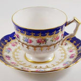 Aynsley White and Cobalt Teacup with Gold Detailing and Small Rose Bouquets