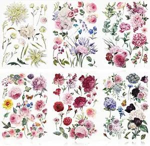 6 Sheets Spring Flowers Rub on Transfers Vintage Rose for Furniture Bird Flower