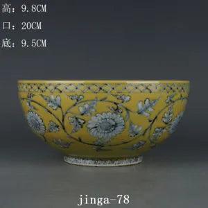 8" China Porcelain ming dynasty hongwu mark Blue white Yellow peony flower Bowl