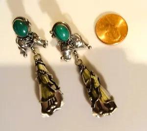 Vtg BIG Navajo Sterling Silver Malachite Calla Lily Flower Earrings 2.25" Lg 11g