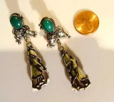 Vtg BIG Navajo Sterling Silver Malachite Calla Lily Flower Earrings 2.25" Lg 11g