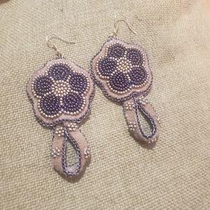 Handcrafted, seedbead, moosehide, nickel free findings, Metis made, indigenous made, purple, gold