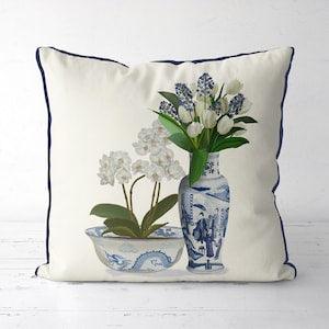 Chinoiserie pillow covers Chinese cushion Asian style decor Oriental sofa pillow Blue and white Hamptons style Orchid print Flower duo 4