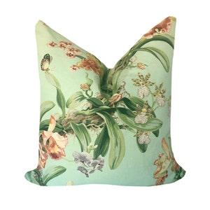 Leilani Orchid Pillow Cover , Orchid Print Pillows, Old World Weavers, Tropical Pillow, Floral Pillows, Mint Green Pillow,