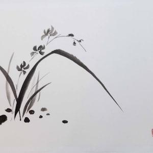 Orchids. Ink on rice paper. Japanese art. Chinese art. Sumie. Ink painting. Unframed.