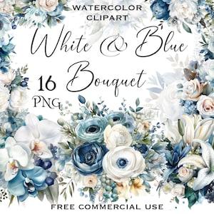 White and Blue flower bouquet clipart, Watercolor ranunculus lily rose daisy orchid flower arrangement for collage etc, Free commmercial use