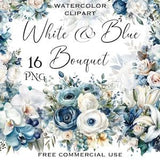 White and Blue flower bouquet clipart, Watercolor ranunculus lily rose daisy orchid flower arrangement for collage etc, Free commmercial use
