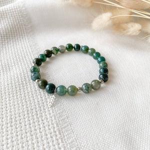 Green moss agate bracelet for women, Gemstone beaded bracelet, Leaf nature charm, Stainless steel, Crystal bead stretchy bracelet, Healing