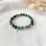 Green moss agate bracelet for women, Gemstone beaded bracelet, Leaf nature charm, Stainless steel, Crystal bead stretchy bracelet, Healing