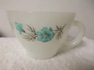Vintage Fire King Blue Carnation Flower White Milk Glass Coffee Tea Cup Mug