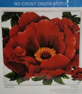 Needleart World Red PEONY No Count Printed Cross Stitch Kit NEW 14 Count 640.083