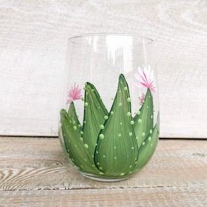 Hand painted Cactus Stemless Wine glass with Pink Flowers. Version C Perfect for your favourite wine. Great for Gift giving