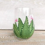 Hand painted Cactus Stemless Wine glass with Pink Flowers. Version C Perfect for your favourite wine. Great for Gift giving
