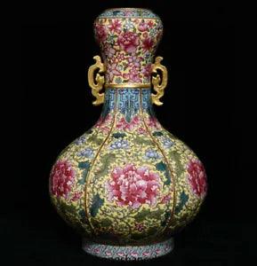 12" Marked china Yongzheng Gilt enamel porcelain peony flower two ear bottle