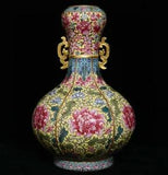 12" Marked china Yongzheng Gilt enamel porcelain peony flower two ear bottle