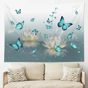 Blue Butterfly Water Lily Flower Tapestry Wall Hanging for Living Room Bedroom