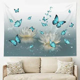 Blue Butterfly Water Lily Flower Tapestry Wall Hanging for Living Room Bedroom