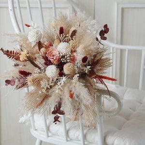 Feather&Preserved Rose Brown Autumn leaf Dried Pampas Grass wedding bouquet Dried Bridal bouquet,Rustic Bohemian Brides,Bridesmaid bouquet