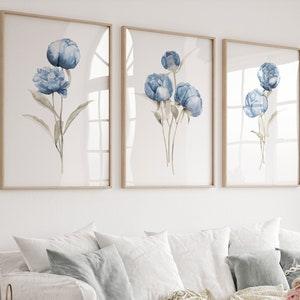 Minimalist Flowers, Set of 3 Prints, Peony Print, Watercolor Painting, Abstract Flowers, Modern Botanical Art, Blue Flowers, Giclee, Drawing