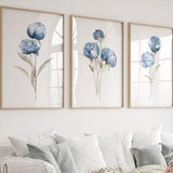 Minimalist Flowers, Set of 3 Prints, Peony Print, Watercolor Painting, Abstract Flowers, Modern Botanical Art, Blue Flowers, Giclee, Drawing