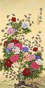 HANDPAINTED ORIENTAL ASIAN CHINESE WATERCOLOR PAINTING-Peony flower&butterfly