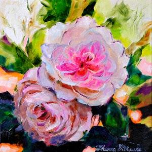 English Rose Painting Original Art Oil Painting Roses Bouquet Original Artwork 8" by 8" by Zhanna Vitkovska