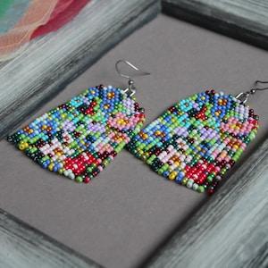 Summer flowers beaded earrings Impressionism Colorful floral Fringe Seed bead earring Bright multicolor earring Beadwork dangle Long Boho