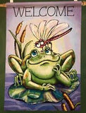 WELCOME FROG GARDEN POND LAKE LILY PAD FLOWER CATTAIL DRAGONFLY LARGE YARD FLAG
