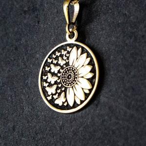 Sunflower Necklace with Butterfly ? Gold Plated 925K Handmade Sterling Silver Charm ? Dainty Floral Sunburst Disc Pendant ? Gift for Her