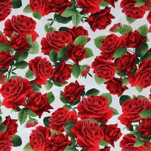 Cotton Large Rose Bouquets Red Roses Romance Valentine's Day Flowers Floral Vintage Rose Cream Cotton Fabric Print by the Yard D373.48