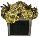 Floral Arrangement Centerpiece Green Flowers Square Wooden Box Chalkboard Front