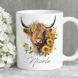 Highland cow, sunflowers, highland cow gift, mug with name, camping mug with cow, coffee cup with highland, wine cup gift with cow,