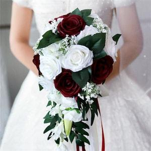 Rose Cascading Wedding Bridal Bouquet Waterfall Wedding Holding Flower with Green Leaves Decoration (Burgundy)