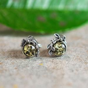 Sterling Silver Leaf Earrings in Green Amber, Green Amber Earrings, Minimal Earrings, Botanical Jewelry, Gift for Girlfriend, Amber Studs