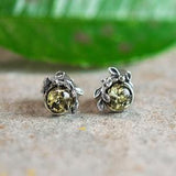 Sterling Silver Leaf Earrings in Green Amber, Green Amber Earrings, Minimal Earrings, Botanical Jewelry, Gift for Girlfriend, Amber Studs