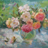 Pink and cream roses, Original Floral artwork, Impressionism, Flowers bouquet, Romantic Gift for Her, Oil Colourful painting by N.Hramova
