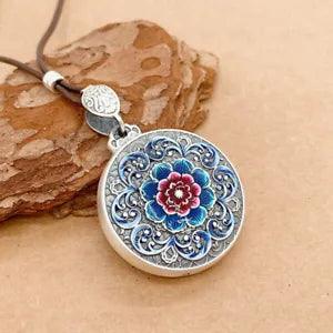 S999 Pure Fine Silver Women Lucky Blue Enamel Peony Flower Round Pendant 1PCS