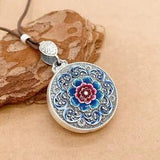 S999 Pure Fine Silver Women Lucky Blue Enamel Peony Flower Round Pendant 1PCS