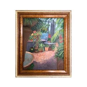 Greenhouse with Trees and Shrubs Original Oil Painting on Stretched Canvas. Orchids, statuary and colorful pottery with stone floor.