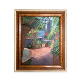 Greenhouse with Trees and Shrubs Original Oil Painting on Stretched Canvas. Orchids, statuary and colorful pottery with stone floor.