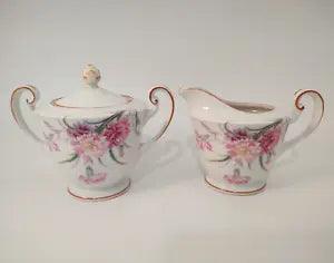 Noritake Amherst (Carnation) Mustard Trim Sugar Bowl and Creamer