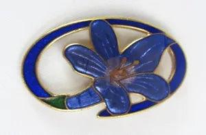Vintage Cloisonne Cobalt Violet Blue Lily Flower Circular Pin Brooch - NICE!
