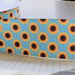 Sunflower Ribbon, Blue Sunflower Ribbon, Sunflower Grosgrain Printed Ribbon, Yellow Blue Sunflower  || 3 Yards of Ribbon - 2" (50mm)
