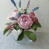 David Austin rose in glass vase,  Eternal Rose, Rustic Bouquet, Realistic polymer clay muscari,Fake Atificial shinus berries,Grape hyacinths